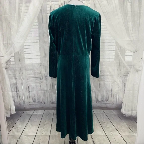 Maggy London Sz 12 Green Metallic Striped 3/4 Sleeve Velvet Midi Cocktail/Formal - Picture 10 of 15